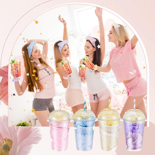 Nitial 56 Pcs Spa Party Supplies Including Spa Headband Sleep Eye Mask Velvet Scrunchies Bath Loofah Sponges Plastic Cup with Lids Straws for Sleepover Slumber Party Gift (Pink Purple Blue Yellow)