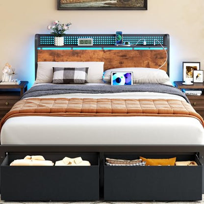 Queen Bed Frame with Headboard Storage, Charging Station, Drawers