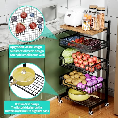 HapiRm Fruit Basket Kitchen Cart - Floor 5 Tier Adjustable Fruit and Vegetable Storage Rack, Large Capacity Rolling Kitchen Carts on Wheels for Pantry Snack Potato and Onion Storage
