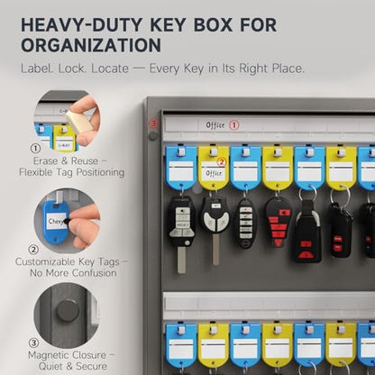 32-Key Key Lock Box, Steel Key Holder Cabinet with Combination Lock | Wall Mounted Key Organizer Box with Key Management App (Record Key Borrow/Return) for Home, Small Office, School, Rental