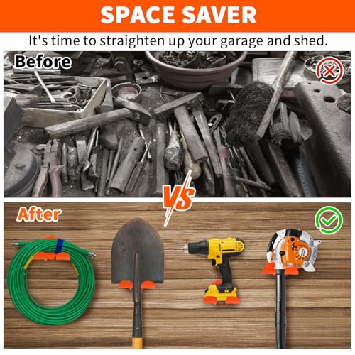 Upgraded Trimmer Rack Wall Mount - 8" Heavy Duty Weed Eater Hanger for Garage Wall, Garden Power Tool Holder Organizer Hooks for Grass Trimmer, Hedge Trimmer, Leaf Blower and Chainsaw, Orange, 4 Pack