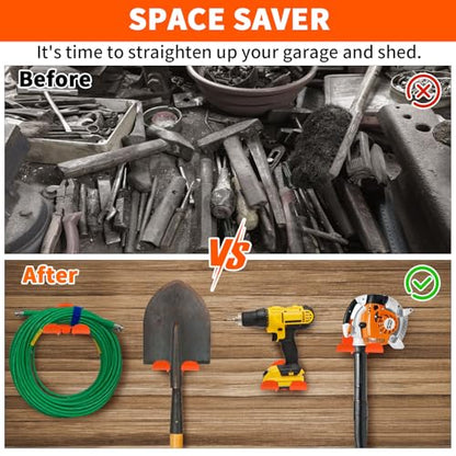 Upgraded Trimmer Rack Wall Mount - 8" Heavy Duty Weed Eater Hanger for Garage Wall, Garden Power Tool Holder Organizer Hooks for Grass Trimmer, Hedge Trimmer, Leaf Blower and Chainsaw, Orange, 4 Pack