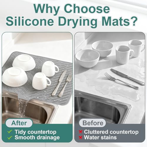 Silicone Dish Drying Mat 23x17,Food-Grade Silicone,Easy Clean Pad for Countertop Protection,Heat Resistant,Easy Clean,Non-Slip Drain Pad with Built-in Drain,Multi-Functional Use,Gray