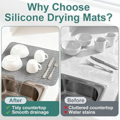 Silicone Dish Drying Mat 23x17,Food-Grade Silicone,Easy Clean Pad for Countertop Protection,Heat Resistant,Easy Clean,Non-Slip Drain Pad with Built-in Drain,Multi-Functional Use,Gray