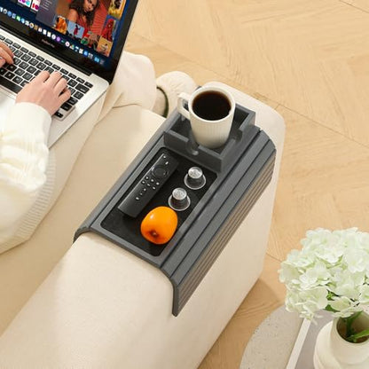 Bamboo Couch Cup Holder Arm Tray Table with Anti-Slip Cork Pad，Couch Drink Holder，Sofa Cup Holder Armrest Tray，Foldable Arm Chair Table Recliners for Drink, Cups, Eats，Snacks, Phone, Remote (Gray)