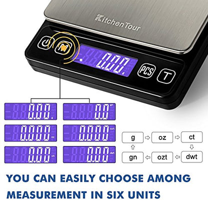 KitchenTour Mini Gram Scale for Coffee, Jewelry and Small Items, 500g x 0.01g Digital Pocket Scale with Tare, 6 Units, Back-Lit LCD, 2 Trays, Black