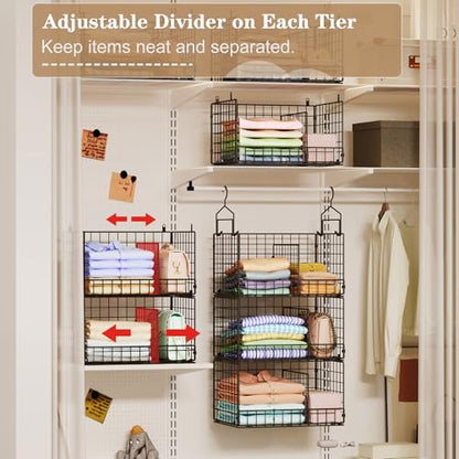 3-Tier Extra Large Closet Hanging Organizer with Dividers, Clothes Hanging Shelves with 2 Hanging Hooks & 5 S-Hooks, Wire Storage Baskets for Sweaters, Shoes, Handbags & Accessories