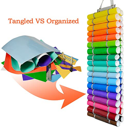 Tunnkit Vinyl Roll Holder, 36 Compartments with 7 Mesh Pockets Storage | Vinyl Storage Organizer, Wall Mount/Over The Door Vinyl Roll Storage, with 2 Hooks and 2 Hanging Straps, Grey