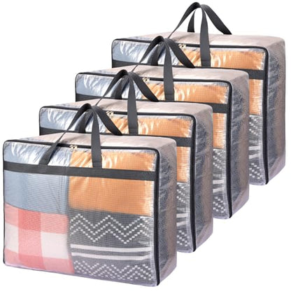 Fixwal Storage Bags 4 Pack 75L XL Mesh Clear for Blankets Clothes Comforter | Waterproof Clear Mesh Fabric, Zippered Closure, Carry Handles, for Blankets Quilts Clothes Comforters Bedding and Pillows