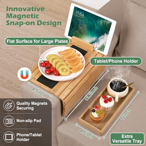 Joy&Grace Couch Arm Tray, 3-in-1 Magnetic Detachable Sofa Arm Table with Phone and Tablet Holder Bamboo Couch Cup Holder, Foldable Sofa Armrest Tray for Eating, Drinks, Phones (Natural)