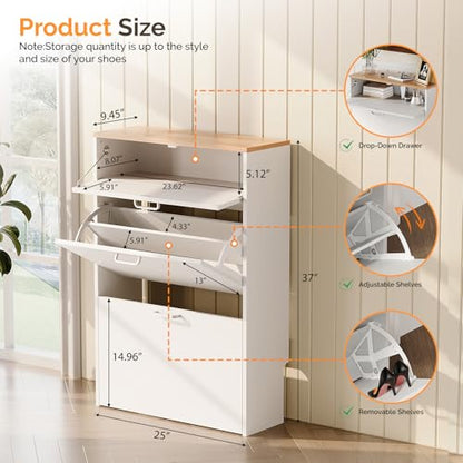 VINGLI Shoe Cabinet Storage for Entryway,White Small Narrow Shoe Rack,25" W | 8–12 Pairs,Skirting Board Cutout,Drop-Down Drawer,9.4"D Slim,Two-Tone Oak & White,2 Flip Drawers,Adjustable & Removable Shelf