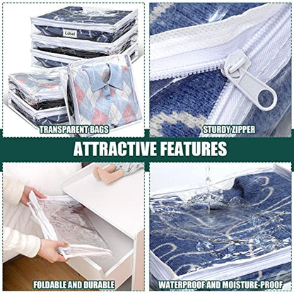 6pcs Clear Zippered Storage Bag Plastic Individual Sweater Storage Bag with Zipper Label Closet Clothing Organizer for Blanket Clothes Bed Sheet Comforter Quilt Pillow(15.7 x 13.7 x 3.9 Inch)