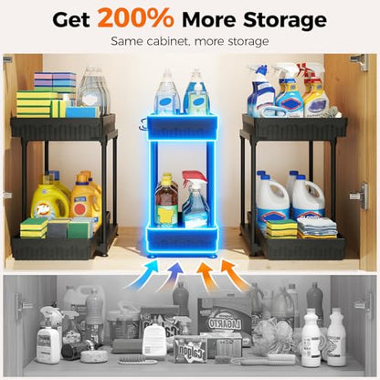 3-Pack 2-Tier Under Sink Organizers with Sliding Drawers | Multi-use kitchen & bathroom storage, 14.8 inch 2-Tier Sliding cabinet organizer, space-saving sliding drawer design.