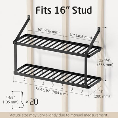 150 lb High-Capacity Pot Rack Wall Mounted with Po... (Black | Iron)