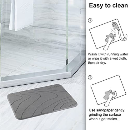JUERLEN 2 Pack Diatomaceous Earth Shower Mat, Stone Bath Mat, Nonslip Super Absorbent Fast-Drying Hard Bath Mat for Bathroom Shower Floor, 24 x 16 inch, Grey Wave Design