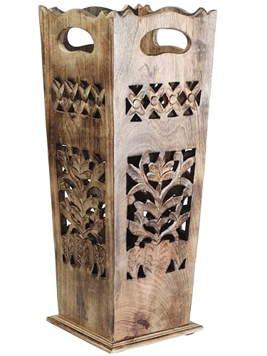 Antique Wooden Umbrella Stand & Walking Cane Holder for Home, Office & Entryway | Hand-Carved Solid Wood Umbrella & Cane Storage Rack | Size 21.5 x 8 x 8 in, Base 7.5 x 7.5 inches (Paisley)