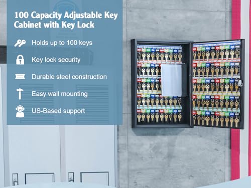 Barska 100-Position Key Lock Box – Solid Steel Key Cabinet with Adjustable Numbered Hooks, Key Log Sheet, Color Tags & Index Chart – Wall-Mount Organizer, Black Finish Key Organizer Keybox