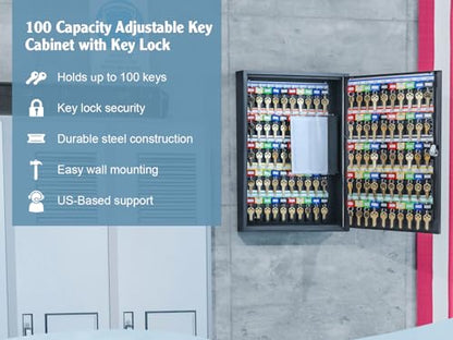 Barska 100-Position Key Lock Box – Solid Steel Key Cabinet with Adjustable Numbered Hooks, Key Log Sheet, Color Tags & Index Chart – Wall-Mount Organizer, Black Finish Key Organizer Keybox