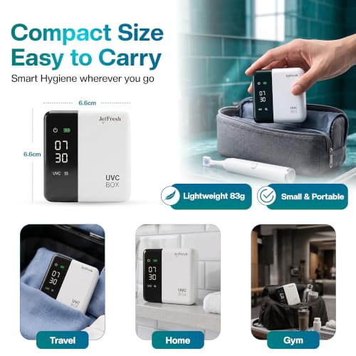 Jetfresh UV Toothbrush Sanitizer Holder & Cleaner with LED Clock Display & Hot Air Drying – Wall-Mounted UV Tooth Brush Holder for Bathroom, Travel, Rechargeable Portable Design, Fits All Brushes