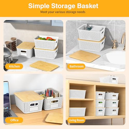 Plastic Storage Baskets with Bamboo Lids and Labels, Stackable Storage Containers, Storage Bins for Organizing Shelves Drawers Desktop Closets Office, 6 Packs-White