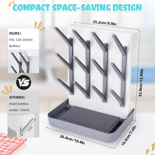 Baby Bottle Drying Rack: Space Saving Vertical Bottle Drying Holder with Brushes Holder - Large Bottle Storage Holder Organizer 12 Bottles & Baby Accessories,BPA-Free, Gray