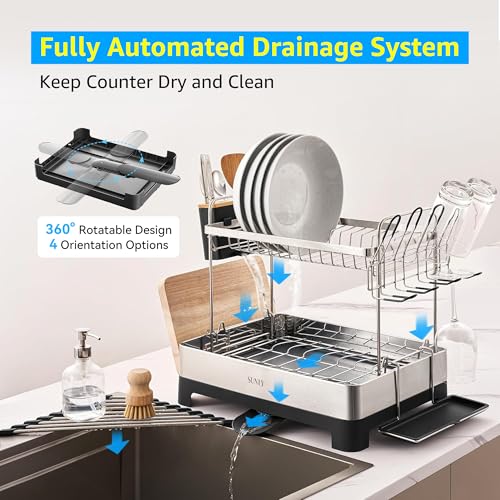 2 Tier Dish Drying Rack, Extra Large Dish Rack, Multifunctional Large Dish Drainers for Kitchen Counter, 304 Stainless Steel Kitchen Drying Rack, Bowl Drying Rack, Extendable Drain Spout, Black