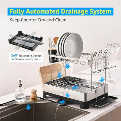 2 Tier Dish Drying Rack, Extra Large Dish Rack, Multifunctional Large Dish Drainers for Kitchen Counter, 304 Stainless Steel Kitchen Drying Rack, Bowl Drying Rack, Extendable Drain Spout, Black