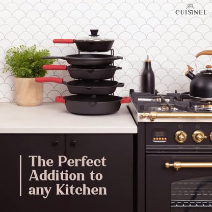 Cuisinel Pan Organizer for Cast Iron Skillets, Griddles, 5-Tier Rack, Black 12.2"