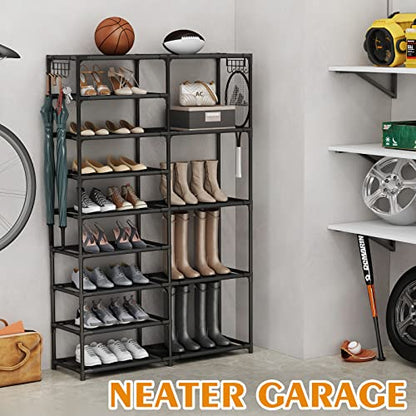 CSXGBAB Tall Garage Shoe Rack Large Capacity,Two Rows Versatile Hooks Storage Boot Shelf Black 24-35 Pairs