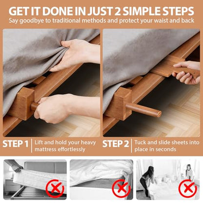 Mattress Lifter & Bed Maker Tool Set for Changing Sheets, Acacia Wood | Mattress Lifter Tool, Comfort Grip, Sturdy & Durable for Seniors & Housekeepers, Tucks Sheets, Removes Sheets, Bed Skirts