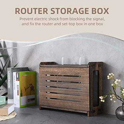 Wooden Router Shelf Wall Mount WiFi Router Storage Box Modem Cable Router Cover Organized Power Strip Cable Management Hider Rack Need Assembly 14.9 * 9.8 * 5.4 in (L* H * W)