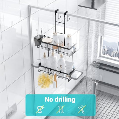 Over the Door Shower Caddy Hanging: Rustproof Shower Door Organizer | Shower Door Rack for Inside Shower, No Drilling Shower Storage Shelf with Hooks, Soap & Toothbrush Holder