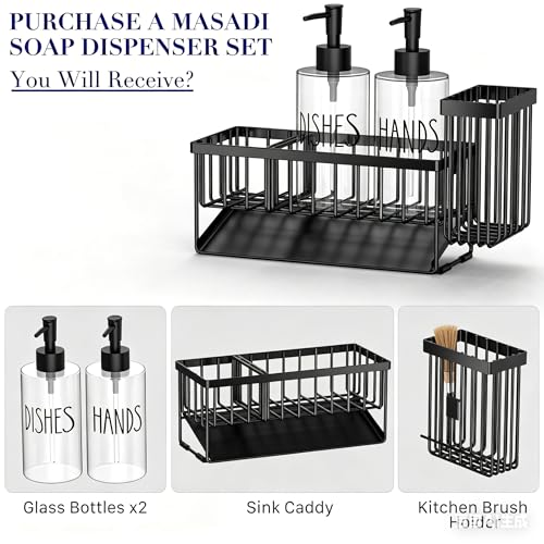 MASADI Kitchen Sink Caddy with Dish Soap Dispenser Set, 12OZ Glass Bottle, Hand and Dish Soap Dispenser Set, Non-Slip Silicone Pad, Brush Holder, Kitchen Sink Organizer Countertop (Black+Clear)