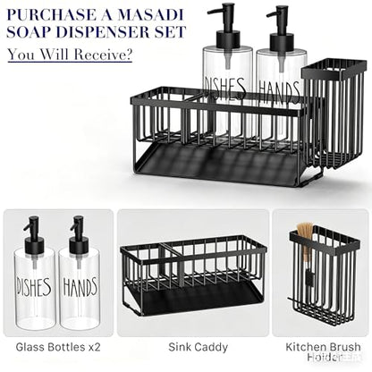 MASADI Kitchen Sink Caddy with Dish Soap Dispenser Set, 12OZ Glass Bottle, Hand and Dish Soap Dispenser Set, Non-Slip Silicone Pad, Brush Holder, Kitchen Sink Organizer Countertop (Black+Clear)