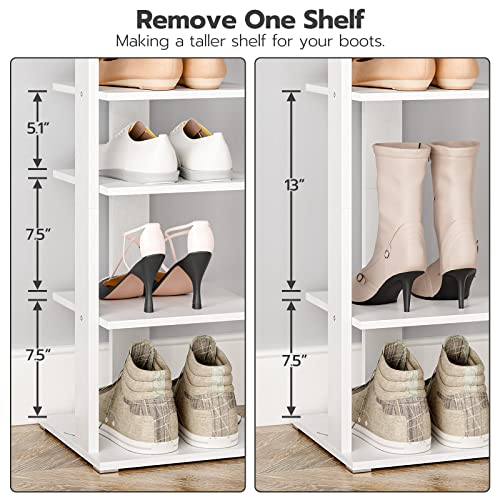 HOOBRO 8 Tiers Vertical Shoe Rack, Wooden Shoe Storage Organizer with Hooks, Narrow Shoe Tower for 8 Pairs, Space Saving, for Entryway, Living Room, Bedroom, White WT07XJ01G1