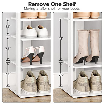 HOOBRO 8 Tiers Vertical Shoe Rack, Wooden Shoe Storage Organizer with Hooks, Narrow Shoe Tower for 8 Pairs, Space Saving, for Entryway, Living Room, Bedroom, White WT07XJ01G1