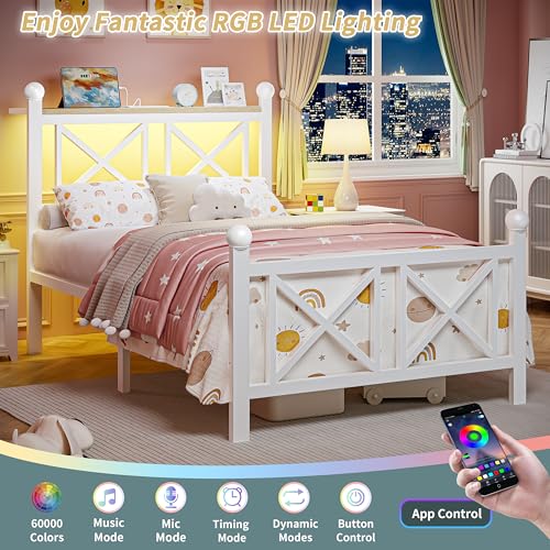 DynJest Twin White Bed Frame with Headboard and Footboard, Storage Shelf with LED Lights and Charging Station, Strong Metal Slats Support, No Box Spring Needed, Under Bed Storage, Easy Assembly