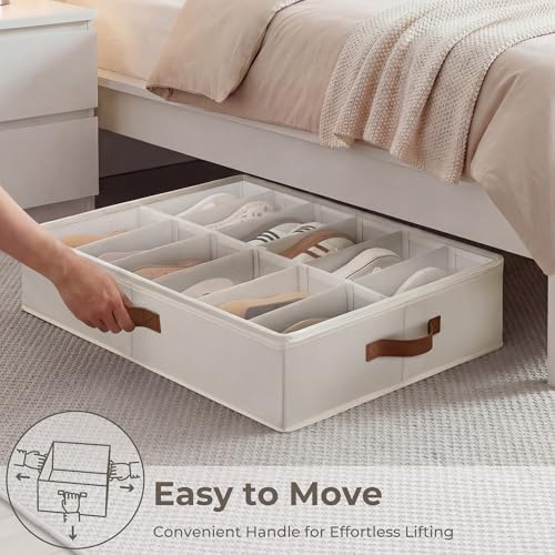 StorageWorks 2-Pack 24-Pair Under Bed Shoe Storage Organizer, Beige | Adjustable Dividers, Up to 12 Pairs Each, 5.25" Height, Fits 6-inch+ Clearance, Clear Top, Soft Handles, For Closet, Bedroom
