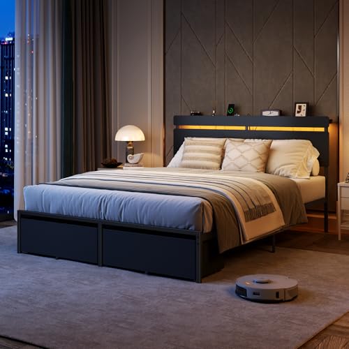 Forestell Queen Bed Frame with Wood Headboard,2 Storage Drawers & Shelf
