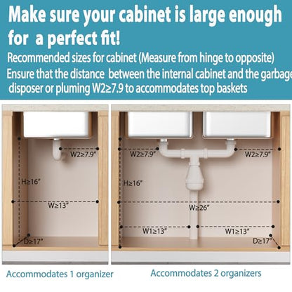 Under Sink Organizer 2 Pack, 2 Tier Slide Out Large Capacity Height Adjustable Under Sink Organizers and Storage for Kitchen Bathroom Cabinet, White