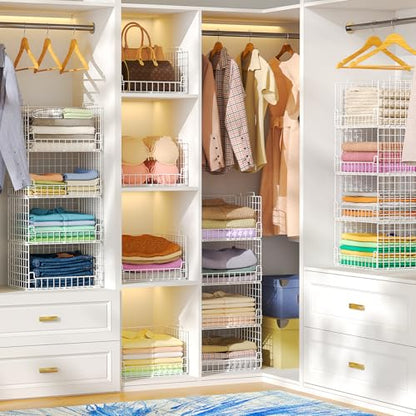 6-Tier Stackable Closet Organizers and Storage Basket - Foldable Closet Shelf Organizer System, Sturdy Metal Space-Saving Clothes Storage Bins for Wardrobe, White