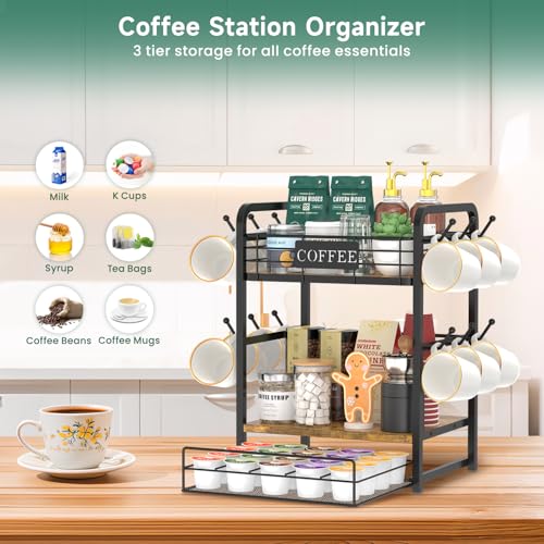 Coffee Bar Organizer Station Shelf Mug Holder, with 12 Hooks | 3 Tier Coffee Cup Stand Rack for Countertop, K Cup Pod Organizer Drawer for Home Office, Keeps Essentials Tidy & Accessible