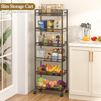6 Tier Slim Rolling Storage Cart, Narrow Mobile Shelving Unit Organizer Utility Cart with Wheels, Metal Wire Storage Rack with Baskets for Kitchen, Bathroom, Laundry & Living Room, 10in(W) Black
