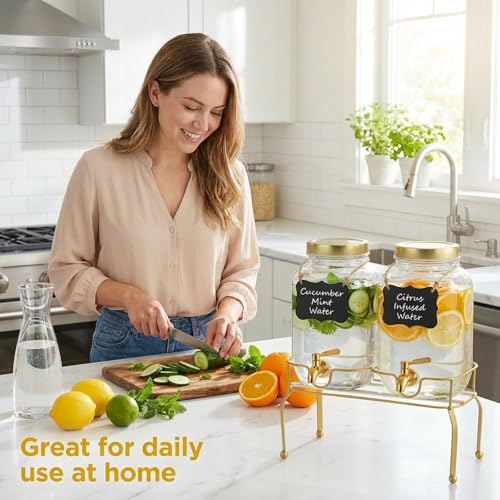 1 Gallon Glass Drink Dispenser Set of 2 – Drink Dispensers for Parties, Beverage Dispenser with Stand & 100% Leakproof Spigot, Ideal for Lemonade, Juice, Laundry Detergent Dispenser