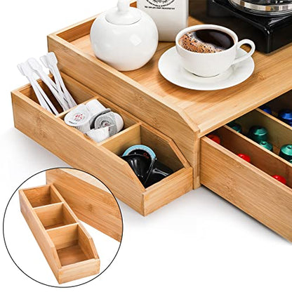 SOUJOY Bamboo 2 Drawer Coffee Pod Organizer with Side Box for K Cup Tea Bag | Space-Saving, Eco-Friendly, Natural Bamboo Organizer for Kitchen Counter, Coffee Bar, Office