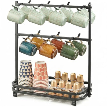 Coffee Mug Holder for Countertop, 14 Hooks Metal Coffee Cup Holder Rack | Mug Tree Stand with Storage Base for K Cup Coffee Pod Paper Cups Tea Bag, 2 Tier, Black
