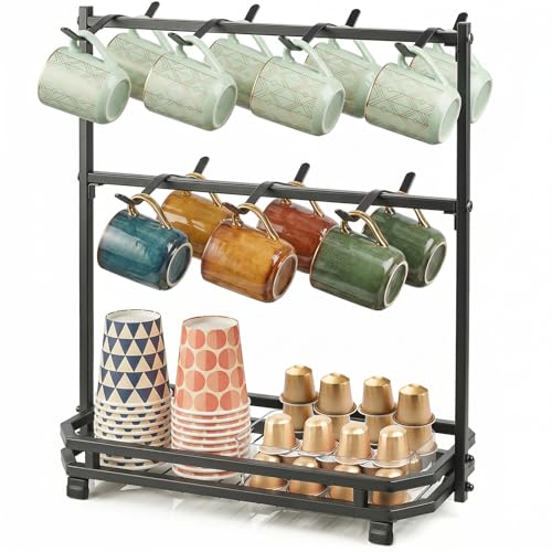 Coffee Mug Holder for Countertop, 14 Hooks Metal C... (2-Tier | Metal)