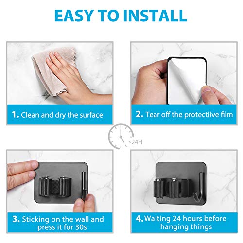 homeasy Broom Holder Wall Mount 4Pcs, Self Adhesive Mop Broom Hanger Black | Self adhesive stainless steel broom organizer with 4 hooks, holds mops, brooms and garden tools without drilling