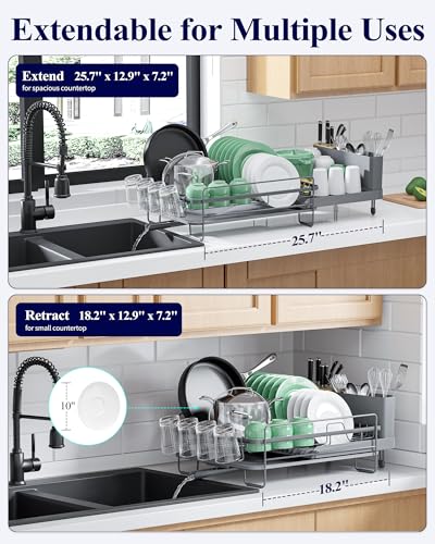 Kitsure Extendable Large Dish Drying Rack, 18.2"-25.7" L x 12.9" W, Grey | Large Drying Dish Rack with Cutlery, Cup Holders, Multifunctional Dish Rack for Counter with Drainage, Anti-Rust Dish Drainer