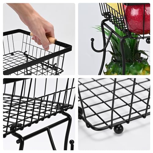 Fruit Basket Bowl 2 Tier Detachable with 2 Banana Hangers, Fruit Stand Holder for Kitchen Countertop, Metal Wire Vegetable Storage Organizer, for Bread Snack Veggies Produce, Black
